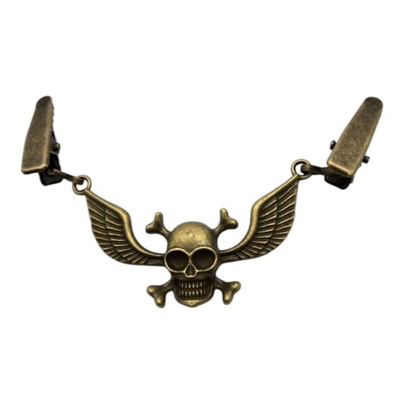 Gothic Skull Collar Pin Antique Gold-tone Scarf & Sweater Clip Goth Skeleton NWT - Picture 6 of 6